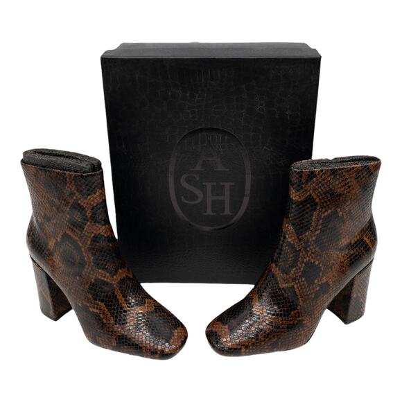 Ash Brown Snake Python Jade Square Toe Leather Block Heel Calf Boots 36 US 5 - Picture 6 of 15